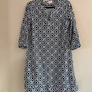 Jude Connally Megan Dress XL Navy White Geometric Print A Line V-Neck Made USA